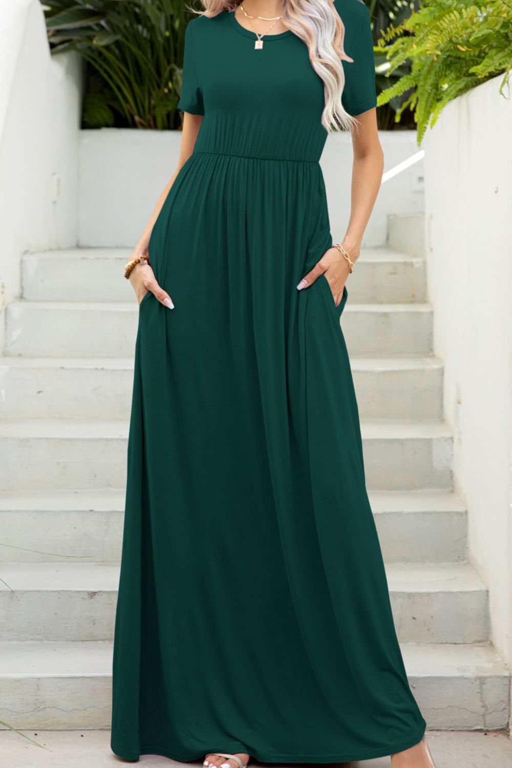 Round Neck Maxi Tee Dress with Pockets  Hot Trends