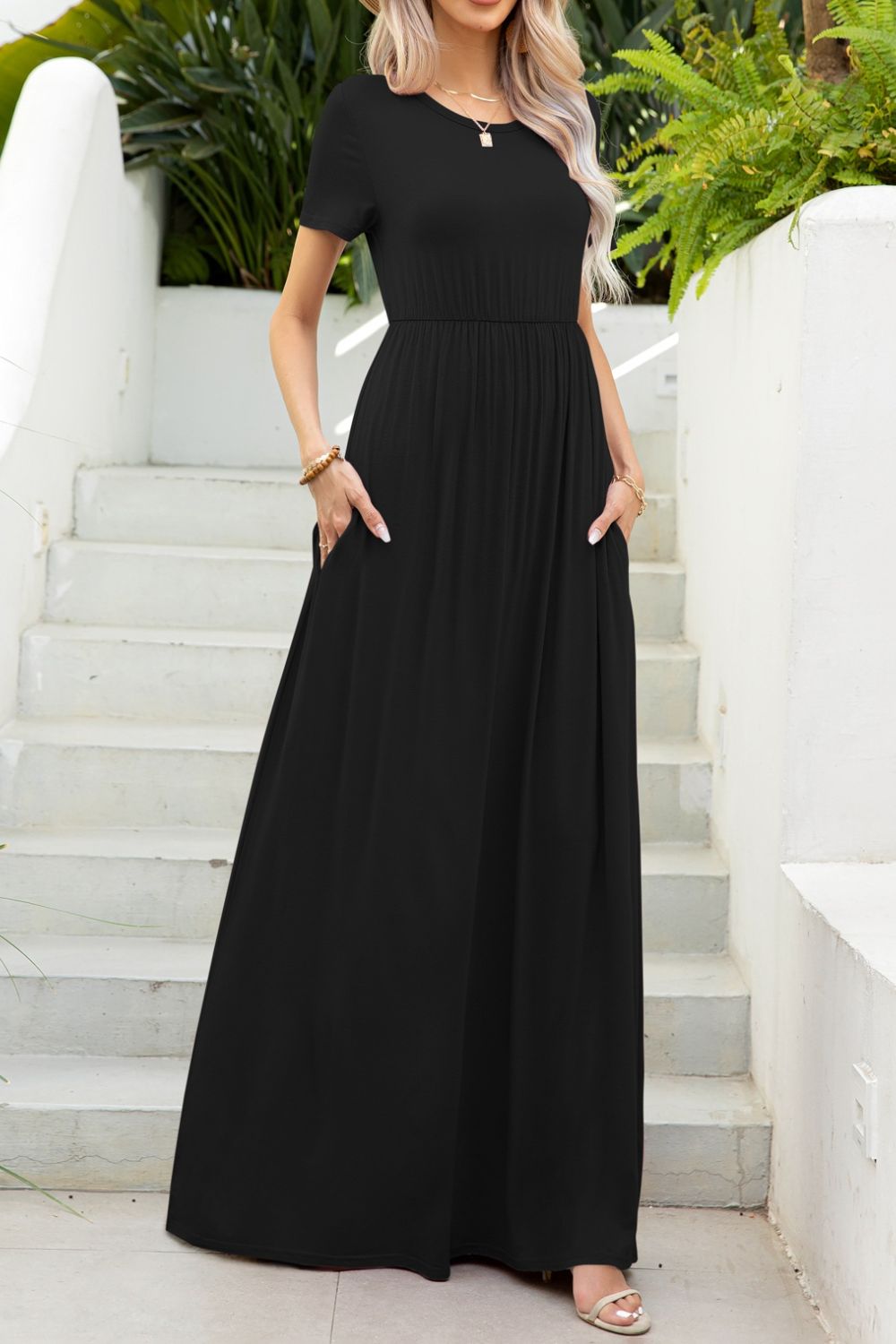 Round Neck Maxi Tee Dress with Pockets  Hot Trends