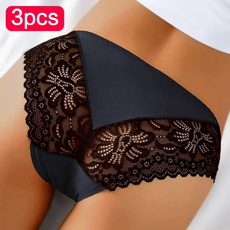 3Pcs/set Lace Thongs Women Cotton V Waist T-Back Underpants Female