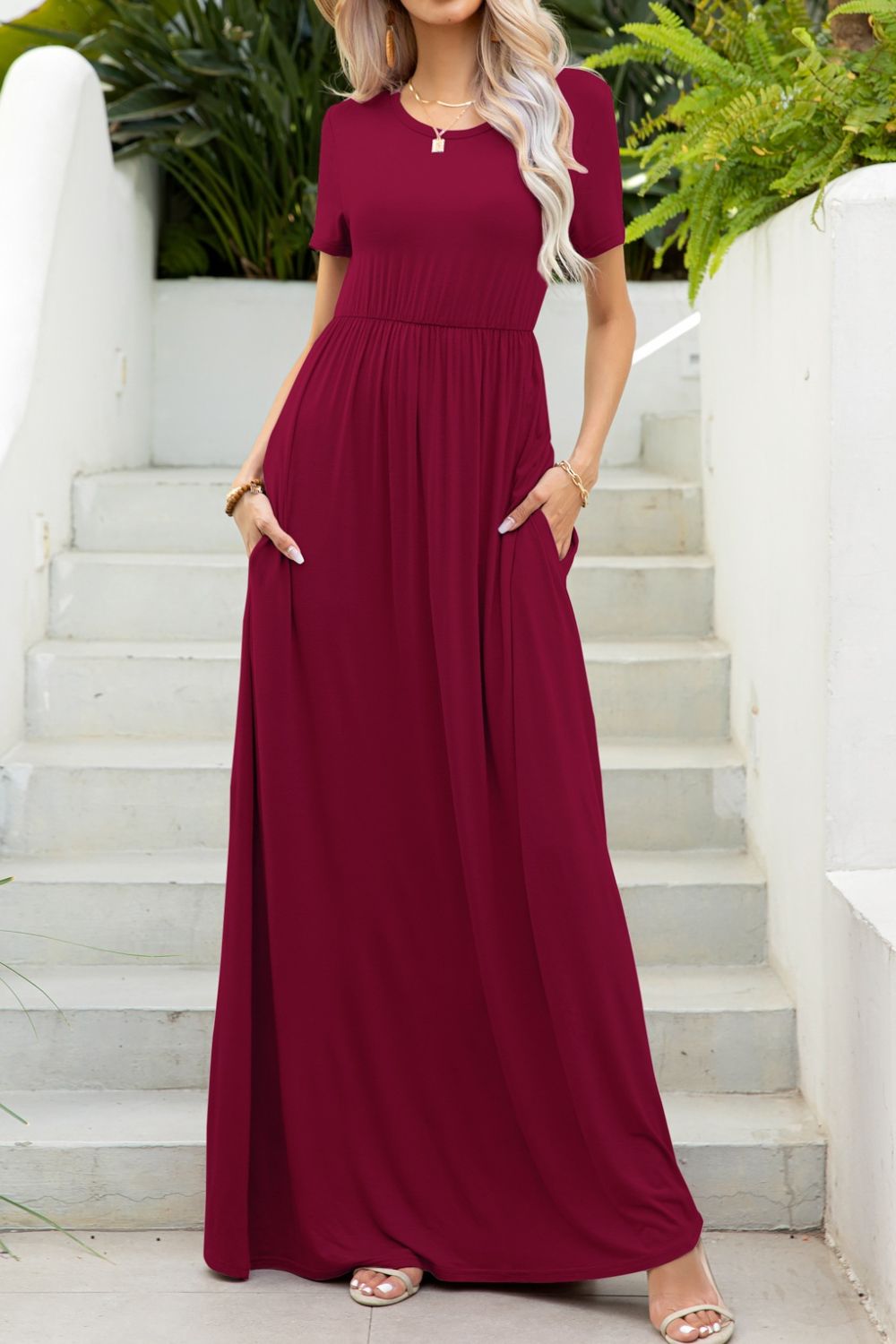 Round Neck Maxi Tee Dress with Pockets  Hot Trends