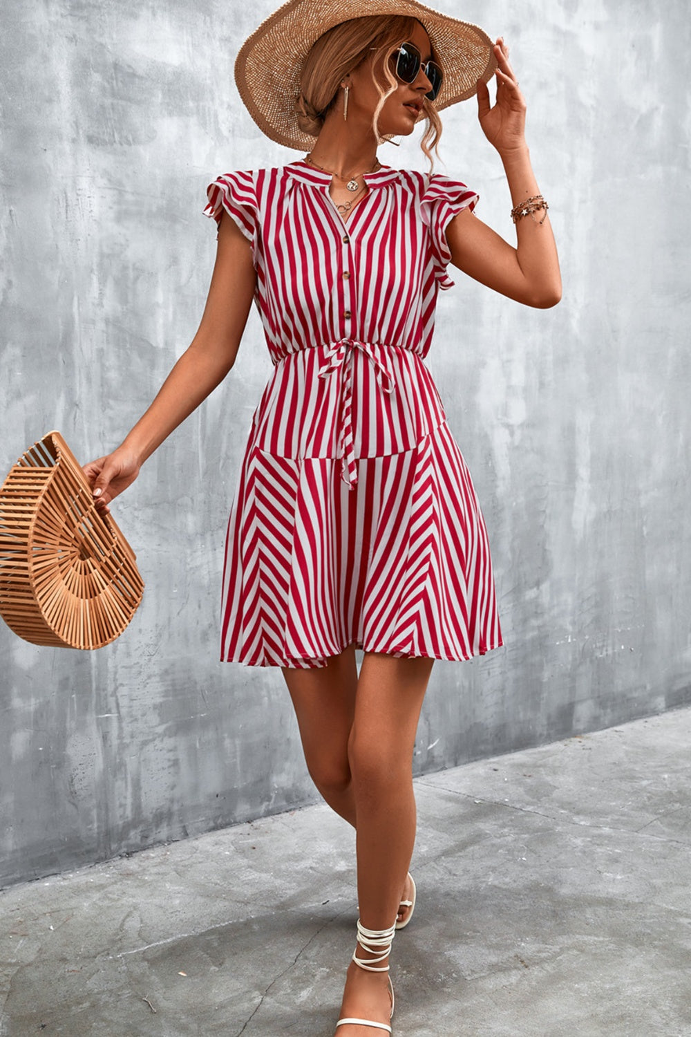 Ruffled Striped Cap Sleeve Mini Dress  Hot Trends