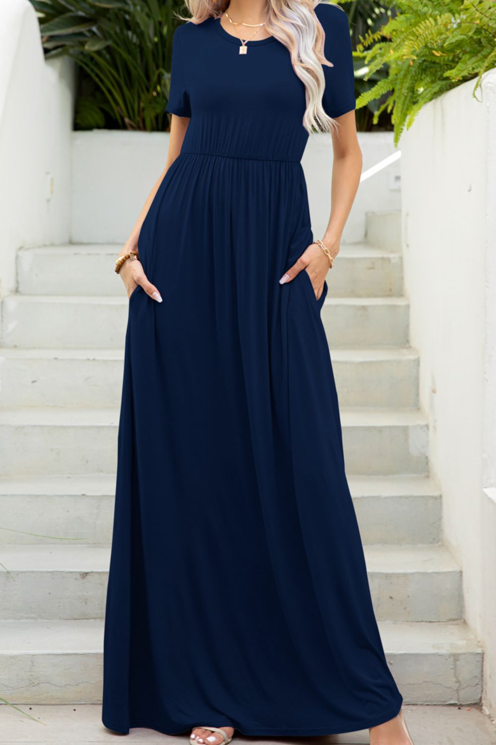 Round Neck Maxi Tee Dress with Pockets  Hot Trends