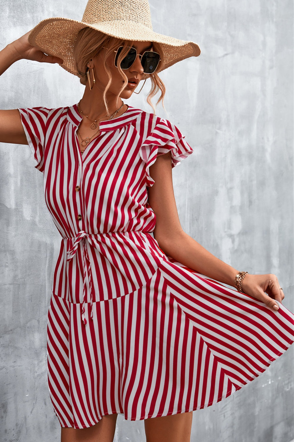 Ruffled Striped Cap Sleeve Mini Dress  Hot Trends