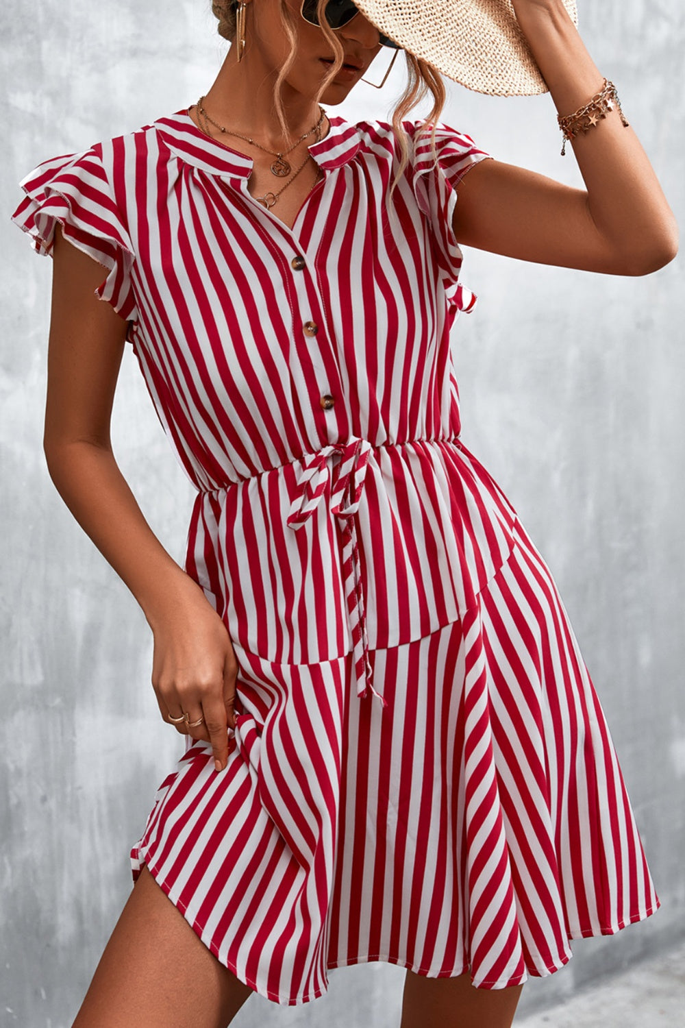 Ruffled Striped Cap Sleeve Mini Dress  Hot Trends