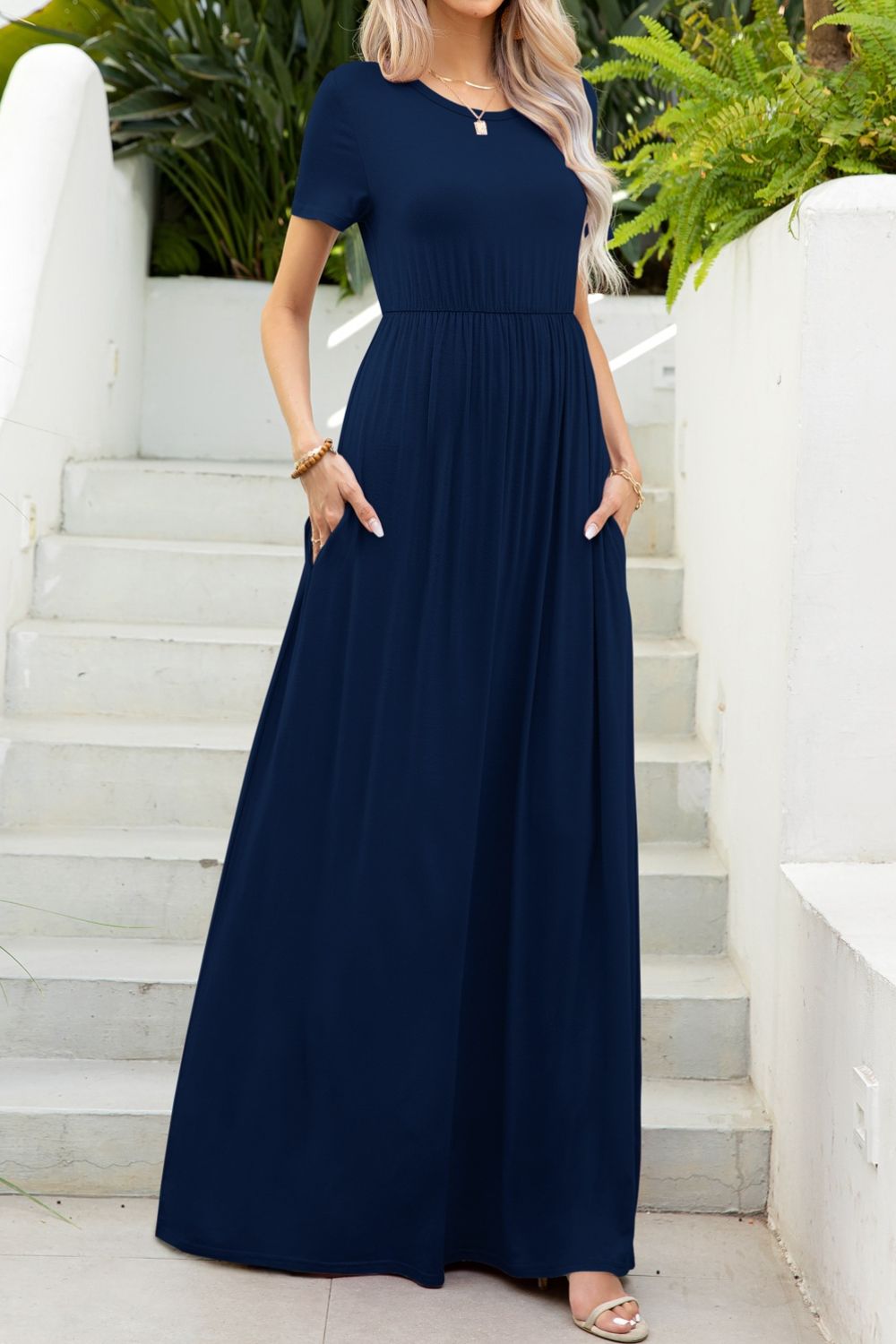 Round Neck Maxi Tee Dress with Pockets  Hot Trends