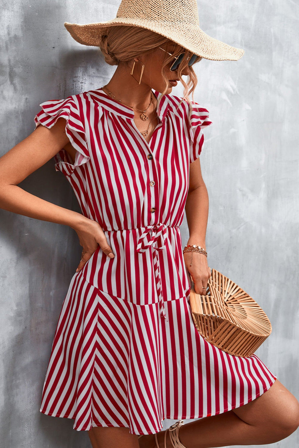Ruffled Striped Cap Sleeve Mini Dress  Hot Trends