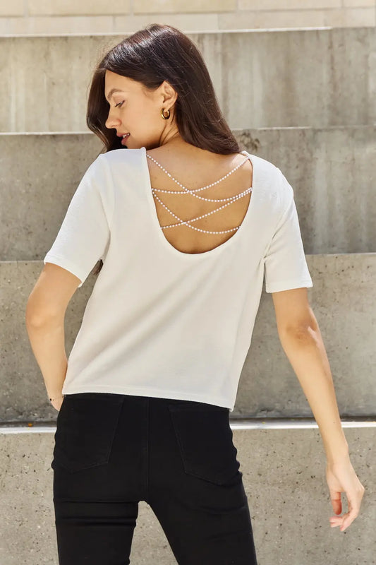 And The Why Pearly White Full Size Criss Cross Pearl Detail Open Back T-Shirt - Hot Trends