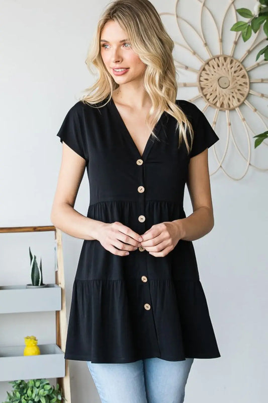 Heimish Full Size Buttoned V-Neck Tiered Top - Hot Trends