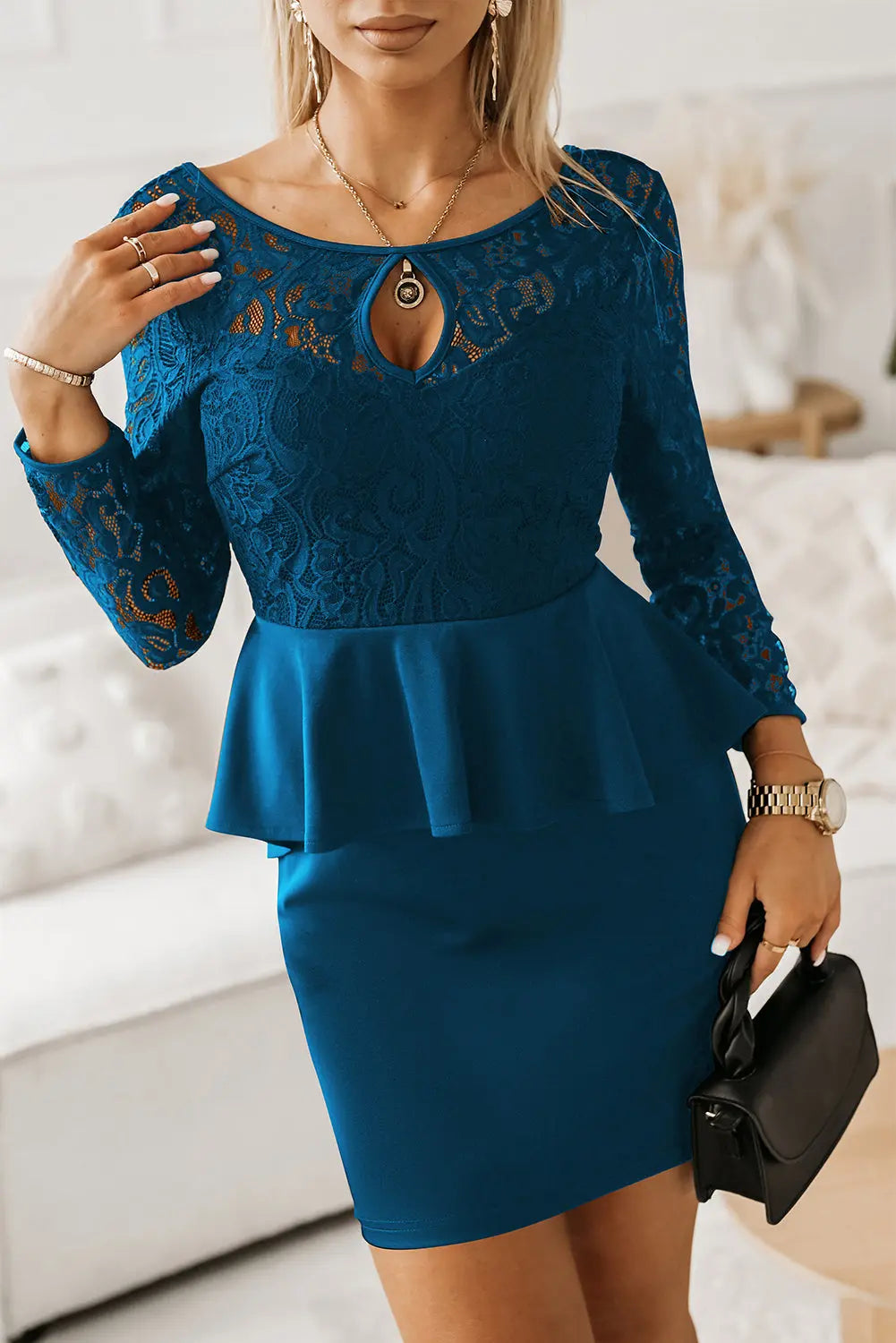 Lace Detail Long Sleeve Mini Dress  Hot Trends