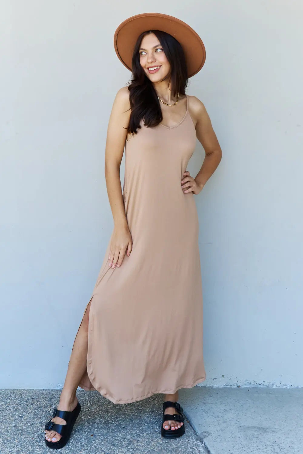 Ninexis Good Energy Full Size Cami Side Slit Maxi Dress in Camel - Hot Trends