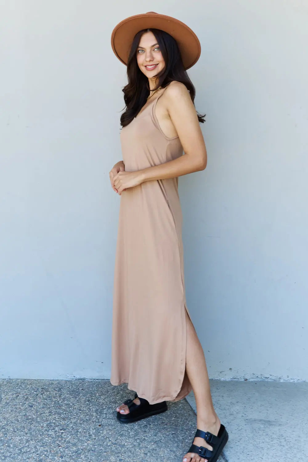 Ninexis Good Energy Full Size Cami Side Slit Maxi Dress in Camel - Hot Trends