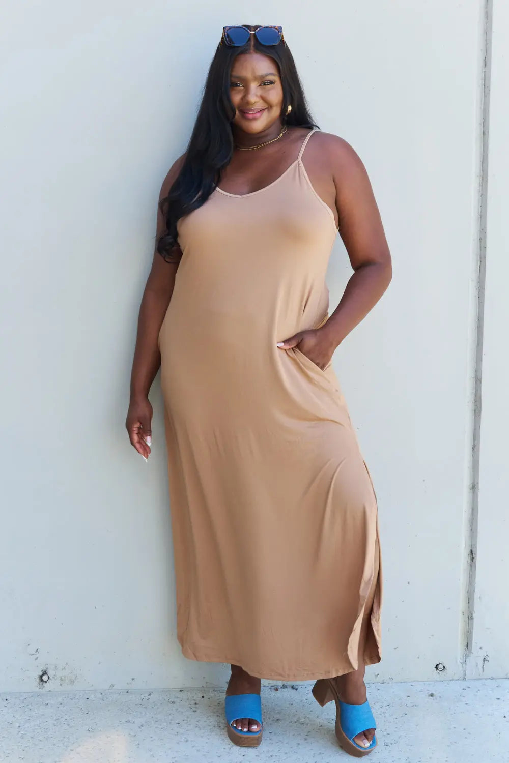 Ninexis Good Energy Full Size Cami Side Slit Maxi Dress in Camel - Hot Trends