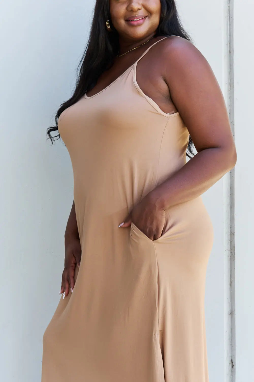 Ninexis Good Energy Full Size Cami Side Slit Maxi Dress in Camel - Hot Trends