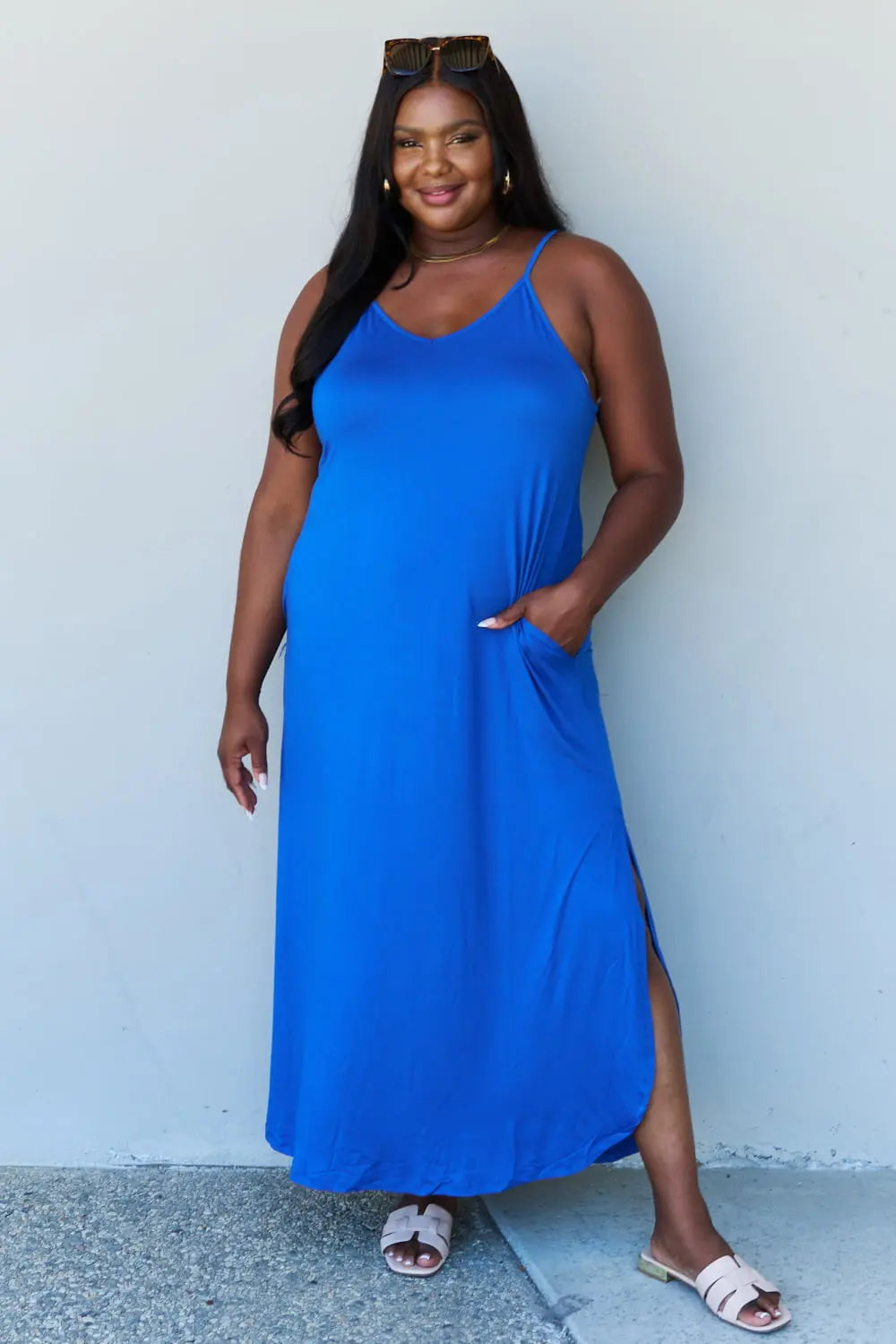 Ninexis Good Energy Full Size Cami Side Slit Maxi Dress in Royal Blue - Hot Trends