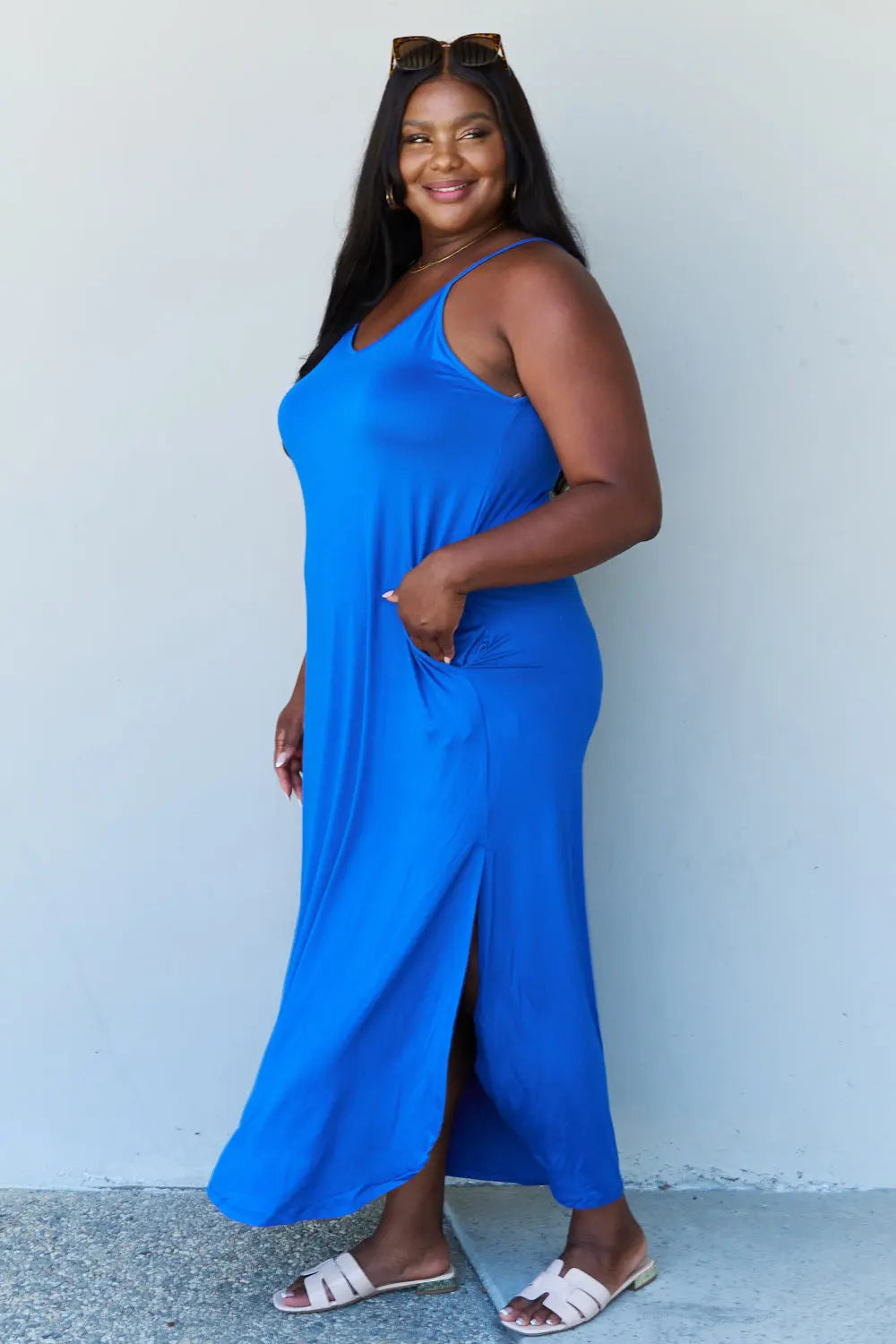 Ninexis Good Energy Full Size Cami Side Slit Maxi Dress in Royal Blue - Hot Trends