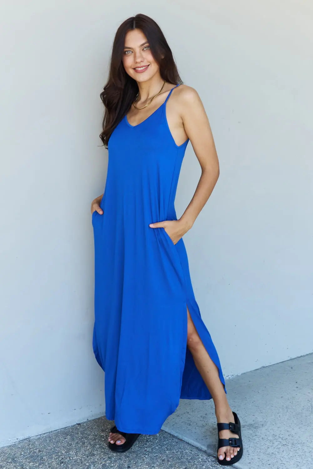 Ninexis Good Energy Full Size Cami Side Slit Maxi Dress in Royal Blue - Hot Trends