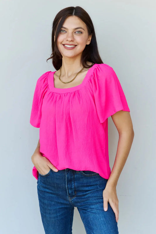Ninexis Keep Me Close Square Neck Short Sleeve Blouse in Fuchsia - Hot Trends