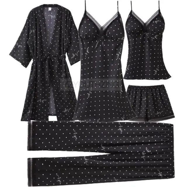 Pajama Set Women Lace Trim Satin Sleepwear Pyjamas Nightwear With Pants - Hot Trends