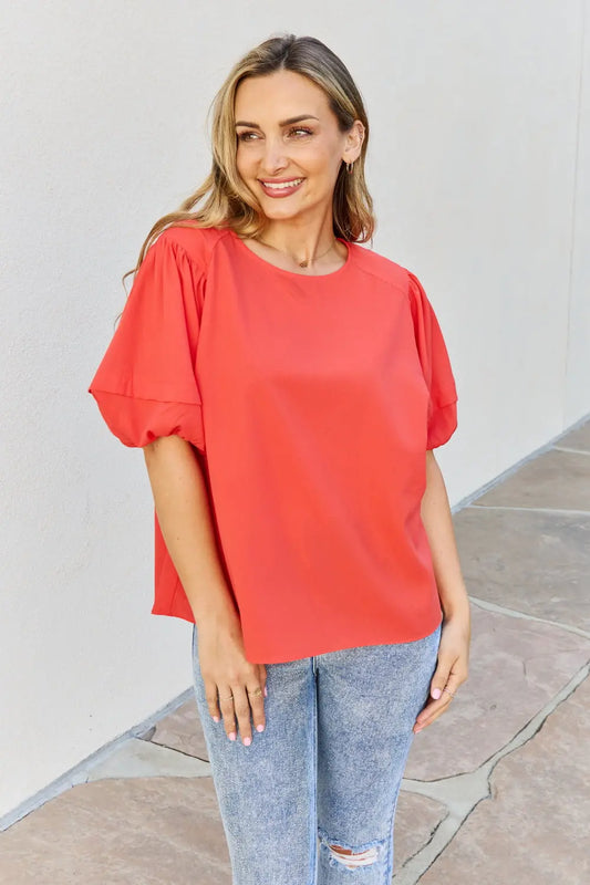 Petal Dew Sweet Innocence Full Size Puff Short Sleeve Top In Tomato - Hot Trends