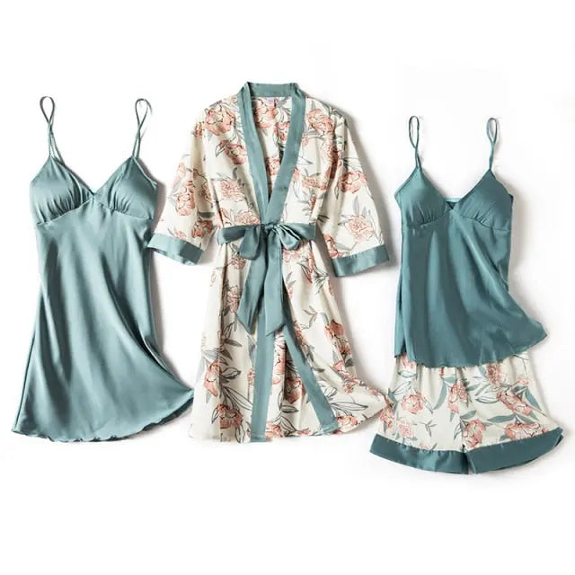 Print Pajamas Set Silky Women 5 Piece Sleepwear Satin Lace Sleep Pyjama Lounge with Belt Chest Pads - Hot Trends