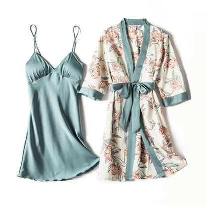 Print Pajamas Set Silky Women 5 Piece Sleepwear Satin Lace Sleep Pyjama Lounge with Belt Chest Pads - Hot Trends