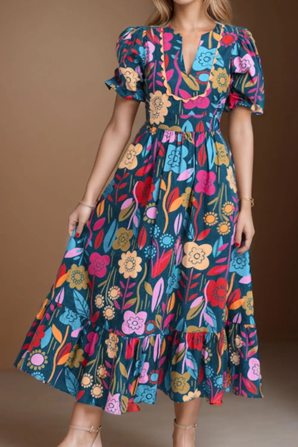 Printed Notched Puff Sleeve Midi Dress  Hot Trends