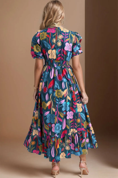 Printed Notched Puff Sleeve Midi Dress  Hot Trends
