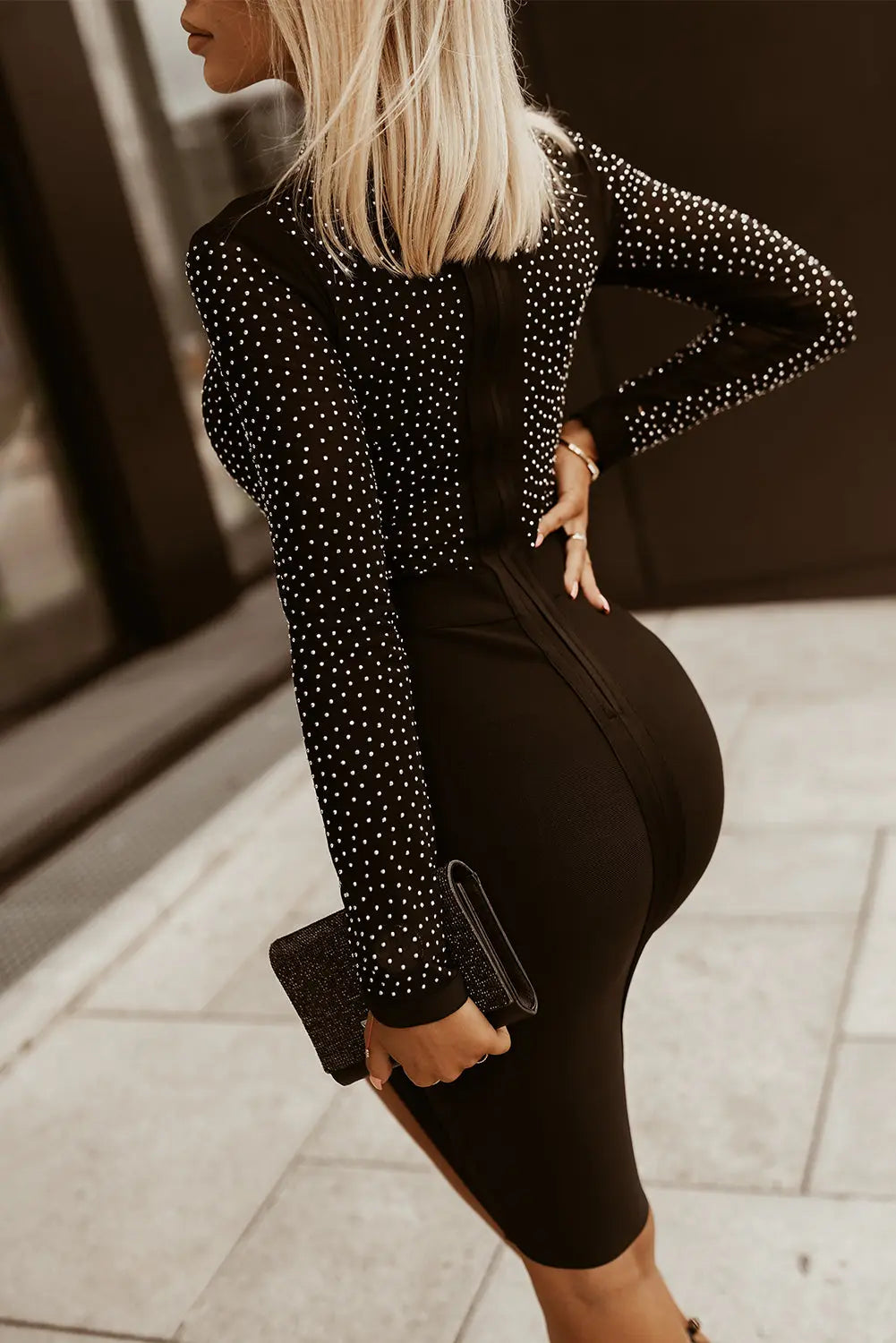 Rhinestone Mock Neck Long Sleeve Dress  Hot Trends