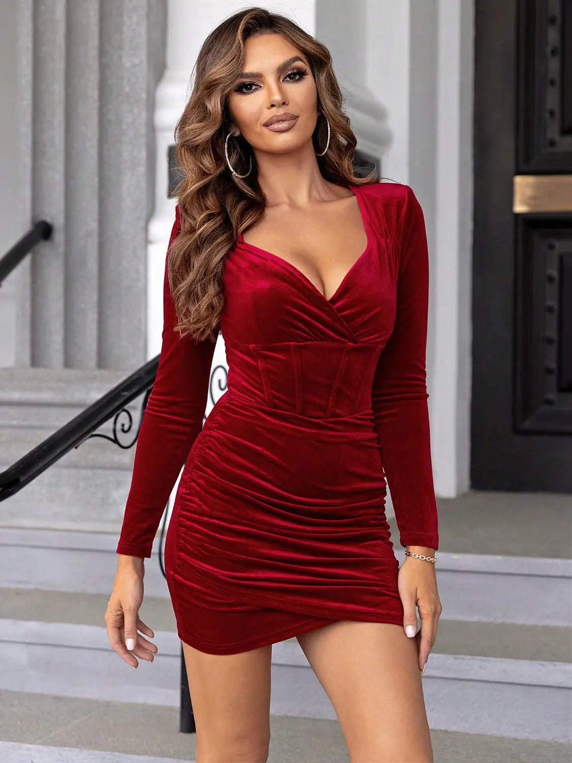 Ruched Surplice Long Sleeve Mini Dress  Hot Trends