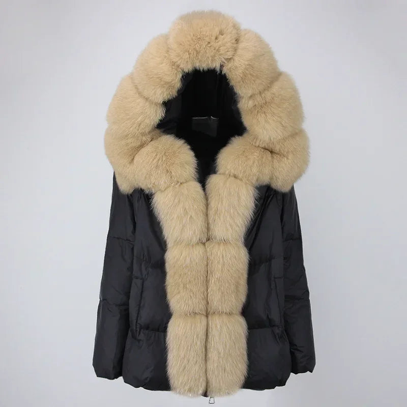 Real Fox Fur Coat Winter Women New Natural Collar Thick Warm  Hooded Duck Down Jacket Luxury Outwear Female Loose  Hot Trends
