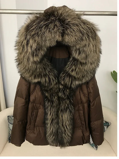 Real Fox Fur Coat Winter Women New Natural Collar Thick Warm  Hooded Duck Down Jacket Luxury Outwear Female Loose  Hot Trends