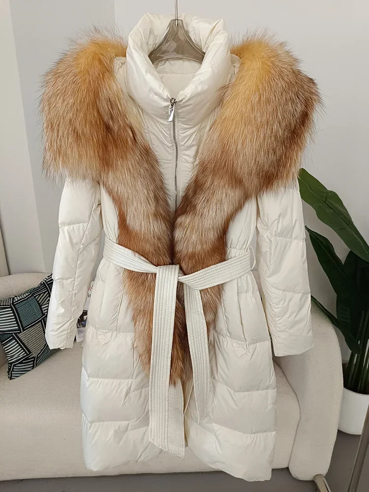 Real Fox Fur Collar Winter Women Parka White Duck Down Long Jacket Belt Female Thick Warm Coat Luxury Slim Hooded Outerwear  Hot Trends