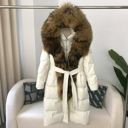 Real Fox Fur Collar Winter Women White Duck Down Long Parka Jacket Belt Female Thick Warm Coat Luxury Slim Hooded Outerwear Hot Trends