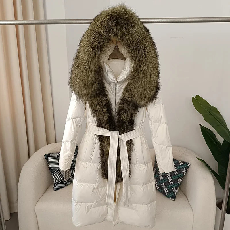 Real Fox Fur Collar Winter Women Parka White Duck Down Long Jacket Belt Female Thick Warm Coat Luxury Slim Hooded Outerwear  Hot Trends