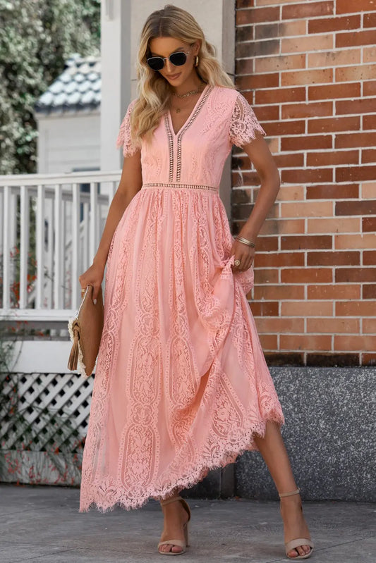 Scalloped Trim Lace Plunge Dress - Hot Trends