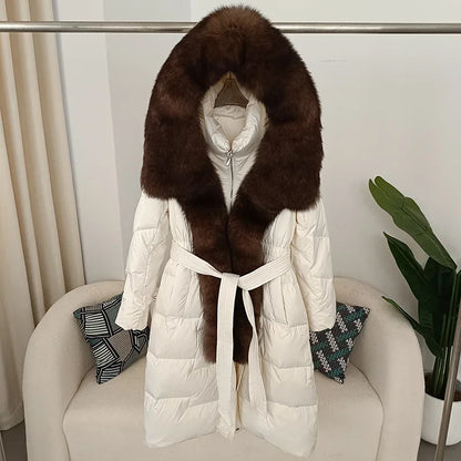Real Fox Fur Collar Winter Women White Duck Down Long Parka Jacket Belt Female Thick Warm Coat Luxury Slim Hooded Outerwear Hot Trends