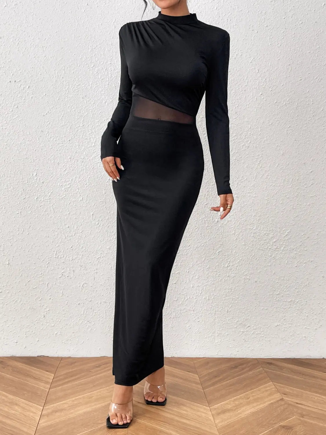 Slit Mock Neck Long Sleeve Maxi Dress  Hot Trends