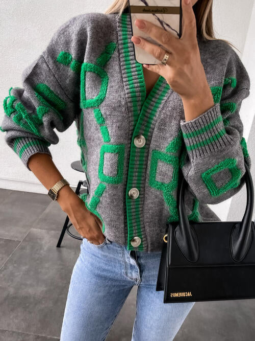 Geometric Dropped Shoulder Button Down Cardigan  Hot Trends