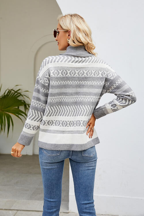 Geometric Turtleneck Long Sleeve Sweater  Hot Trends