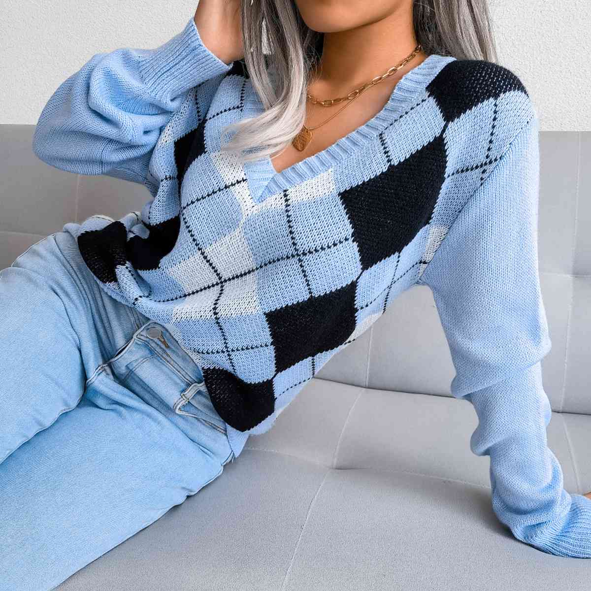 Geometric V-Neck Sweater Women  Hot Trends