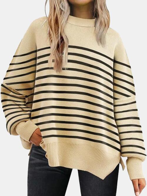 Round Neck Drop Shoulder Slit Sweater  Hot Trends