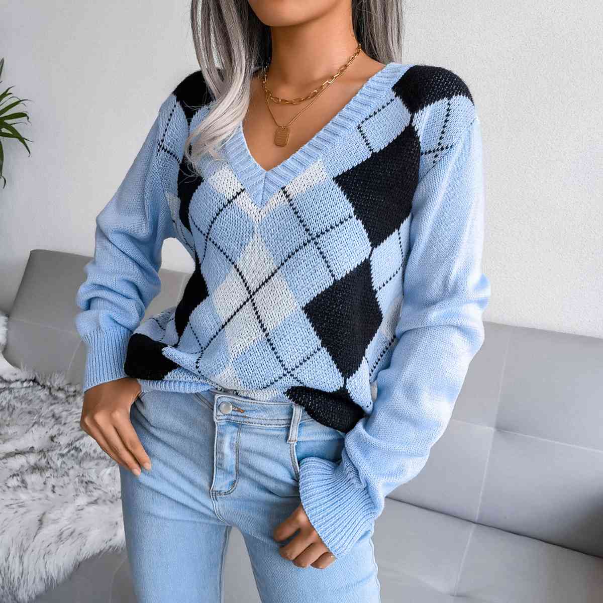 Geometric V-Neck Sweater Women  Hot Trends