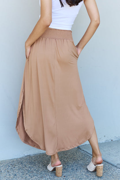 Doublju Comfort Princess Full Size High Waist Scoop Hem Maxi Skirt in Tan Trendsi