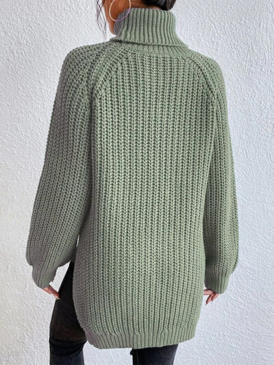 Full Size Turtleneck Rib-Knit Slit Sweater  Hot Trends