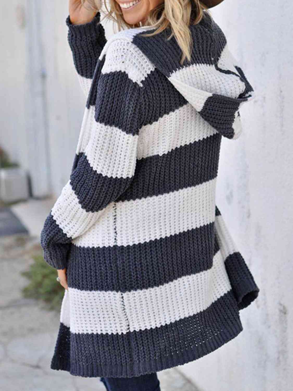 Striped Open Front Hooded Cardigan Trendsi