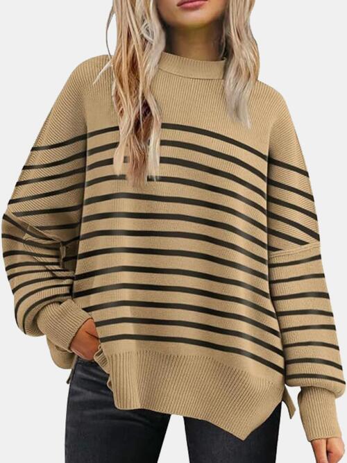 Round Neck Drop Shoulder Slit Sweater  Hot Trends