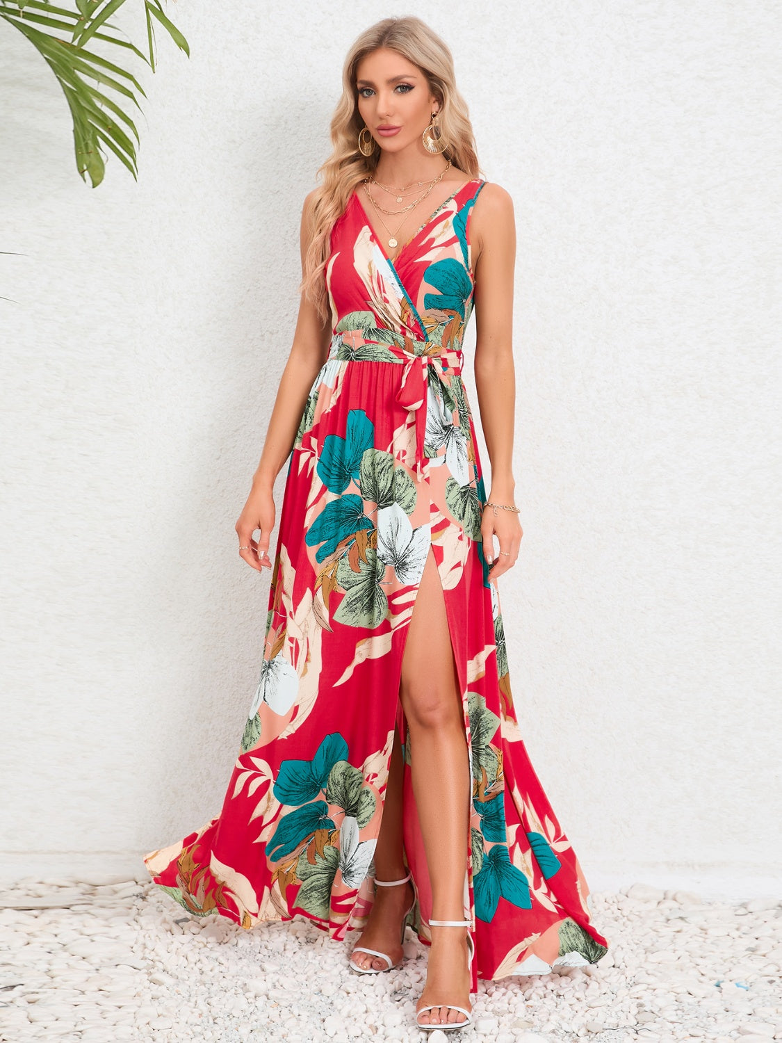 Slit Tied Printed Surplice Dress  Hot Trends