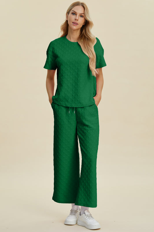 Double Take Full Size Texture Round Neck Short Sleeve Top and Pants Set - Hot Trends Online