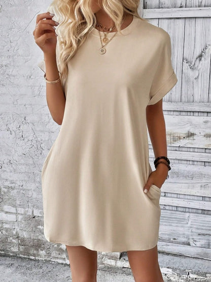 Pocketed Round Neck Short Sleeve Dress  Hot Trends