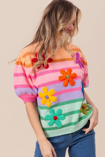 BiBi Flower Patch Puff Sleeve Striped Sweater  Hot Trends